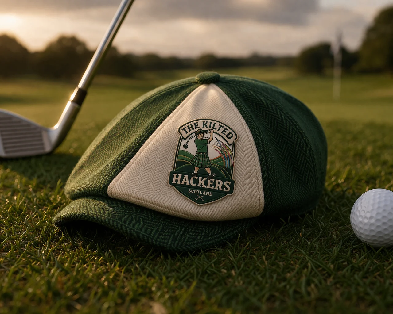 Green and cream Irish-style flat cap with The Kilted Hackers badge, resting on grass beside a golf club and ball